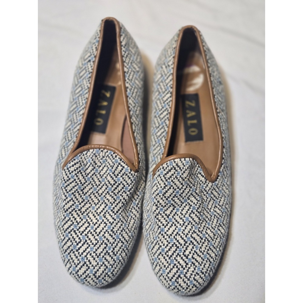 ZALO Women's Needlepoint Blue Beige Leather Woven Geometric Loafers 7.5 Flats